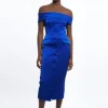 Petite Italian Structured Rib Off The Shoulder Button Through Tailored Midi Dress
