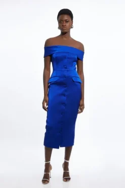 Petite Italian Structured Rib Off The Shoulder Button Through Tailored Midi Dress