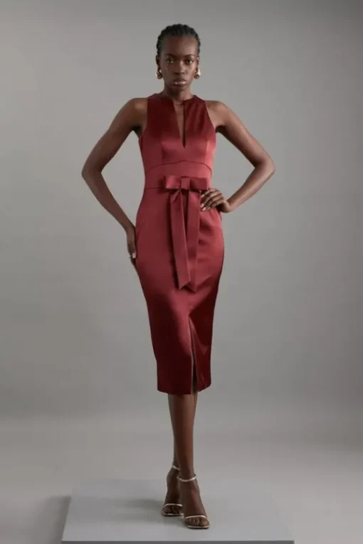 Petite Italian Structured Satin Bow Detail Tailored Maxi Dress