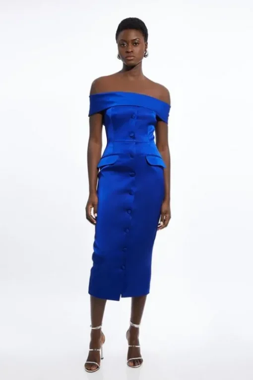 Petite Italian Structured Rib Off The Shoulder Button Through Tailored Midi Dress