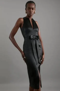 Petite Italian Structured Satin Bow Detail Tailored Maxi Dress