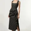Petite Jacquard Ruffle Strappy Tailored Maxi Dress