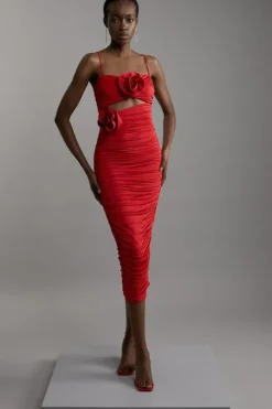 Petite Jersey Crepe Embellished Rosette Midi Dress