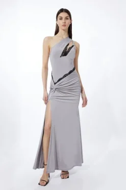 Petite Lace Trim One Shoulder Jersey Maxi Dress