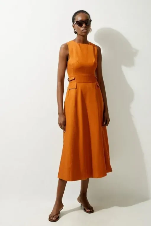 Petite Linen Tab Waist Detail Full Skirt Tailored Midi Dress
