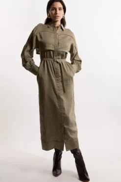 Petite Long Sleeve Slub Woven Midaxi Dress