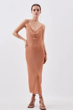 Petite Metallic Sparkle Cowl Neck Knit Midi Dress