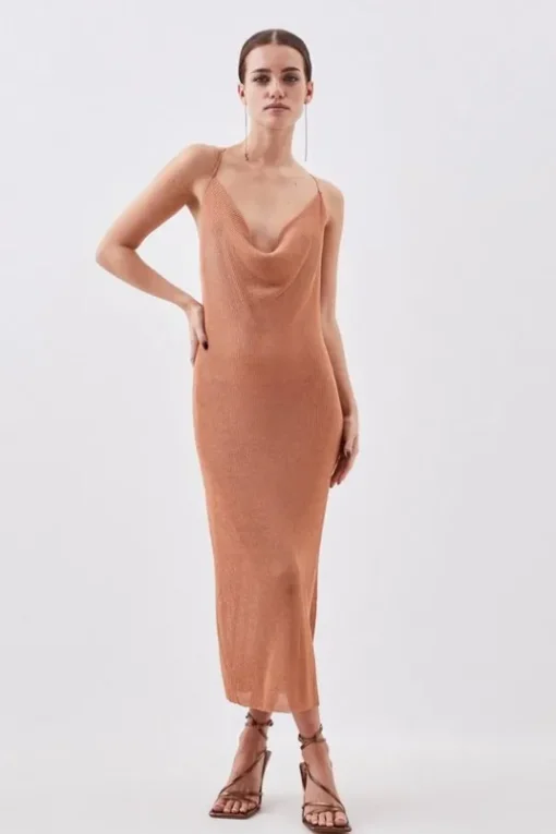Petite Metallic Sparkle Cowl Neck Knit Midi Dress