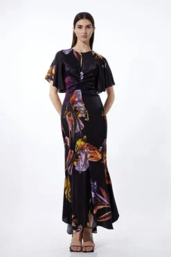 Petite Midnight Floral Satin Woven Angel Sleeve Maxi Dress