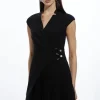 Petite Military Pleat Notch Neck Wrap Tailored Mini Dress
