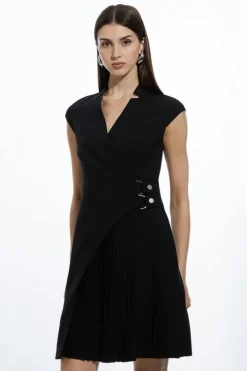 Petite Military Pleat Notch Neck Wrap Tailored Mini Dress