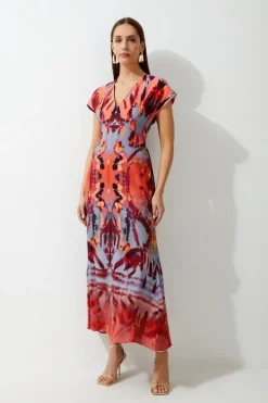 Petite Mirrored Print Satin Crepe Angel Sleeve Woven Maxi Dress
