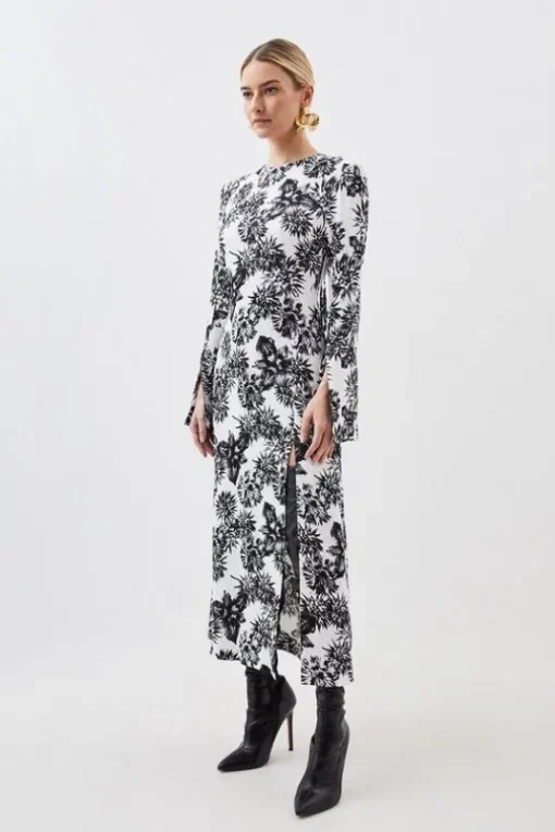 Petite Mono Floral Woven Viscose Satin Midi Dress