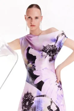 Petite Ooto Floral Heavy Satin Woven One Shoulder Maxi Dress