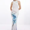 Petite Ooto Heavy Satin Draped Floral Woven Halter Maxi Dress