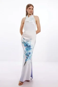 Petite Ooto Heavy Satin Draped Floral Woven Halter Maxi Dress