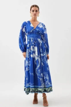 Petite Placed Floral Balloon Sleeve Silk Cotton Maxi Dess