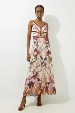 Petite Placed Floral Embroidered And Beaded Woven Strappy Maxi Dress