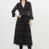 Petite Pleated Contrast Georgette Spot Woven Midi Dress