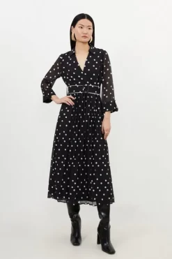 Petite Pleated Contrast Georgette Spot Woven Midi Dress