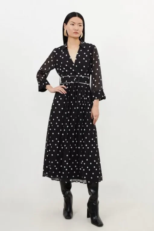Petite Pleated Contrast Georgette Spot Woven Midi Dress