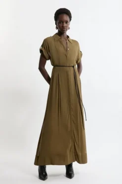 Petite Pleated Woven Viscose Midaxi Shirt Dress