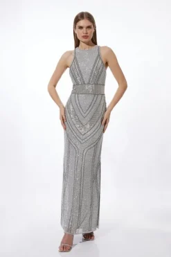 Petite Premium Beading Embellished Woven Halter Maxi Dress