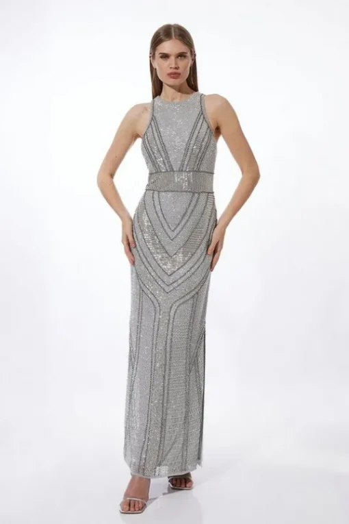 Petite Premium Beading Embellished Woven Halter Maxi Dress