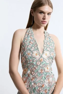 Petite Premium Embroidered Halter Maxi Dress