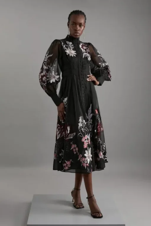 Petite Premium Embroidered Beaded Organdie Woven Maxi Dress