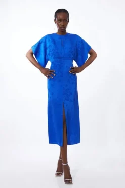 Petite Premium Jacquard Woven Midaxi Sleeve Dress