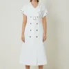 Petite Premium Linen Viscose Tailored Double Breasted Belt Midi Shirt Dress
