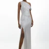Petite Premium Metallic Ruched One Shoulder Maxi Dress