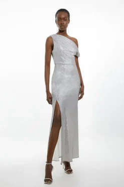 Petite Premium Metallic Ruched One Shoulder Maxi Dress