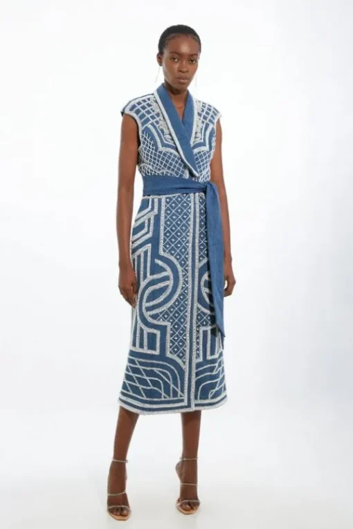 Petite Premium Pearl Embellished Denim Woven Blazer Midi Dress