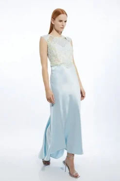Petite Premium Satin And Guipure Lace Woven Maxi Dress