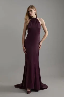 Petite Premium Satin Halter Neck Tailored Maxi Dress