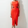 Petite Premium Tailored Linen Pu Waist Tab Midi Dress