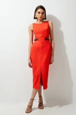Petite Premium Tailored Linen Pu Waist Tab Midi Dress