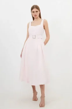 Petite Premium Tailored Linen Square Neck Belted Midi Dress