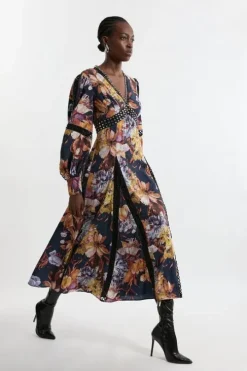 Petite Printed Eyelet Woven Midi Dress With Guipure Trim