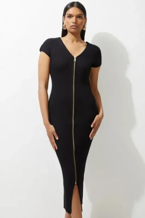 Petite Rib Knit Zip Through Midi Dress