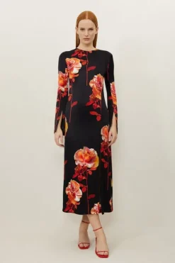 Petite Rose Floral Woven Viscose Satin Midi Dress