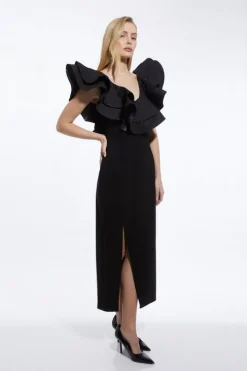 Petite Ruffle Ponte And Cotton Jersey Side Split Maxi Dress