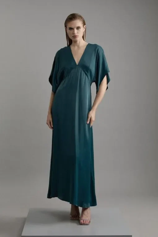 Petite Satin Angel Sleeve Woven Maxi Dress