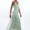 Petite Satin Applique Woven Maxi Dress