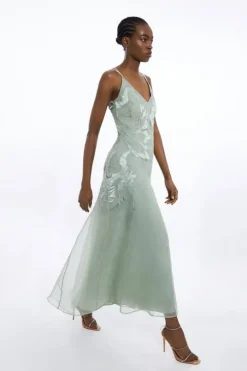 Petite Satin Applique Woven Maxi Dress