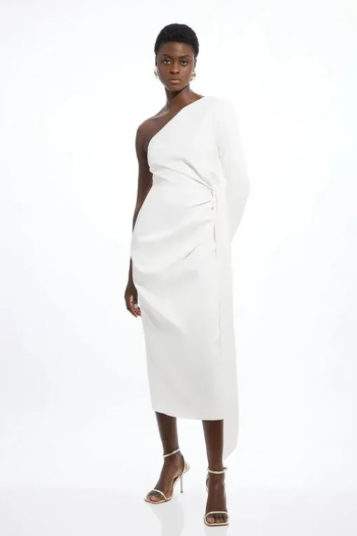 Petite Satin Back Crepe One Shoulder Drape Midi Dress