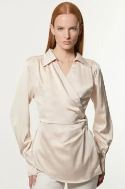 Petite Satin Back Crepe Pearl Detail Wrap Blouse
