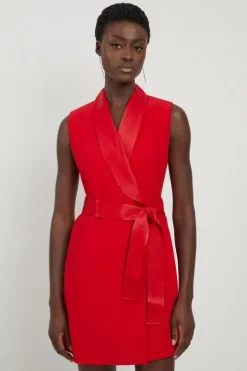 Petite Satin Back Crepe Sleeveless Tuxedo Tailored Wrap Mini Dress